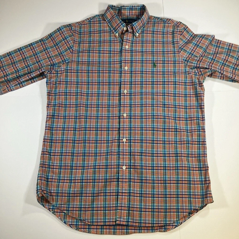 Polo Ralph Lauren Shirt Mens L Orange Blue Plaid Button Down Cotton Stretch Pony